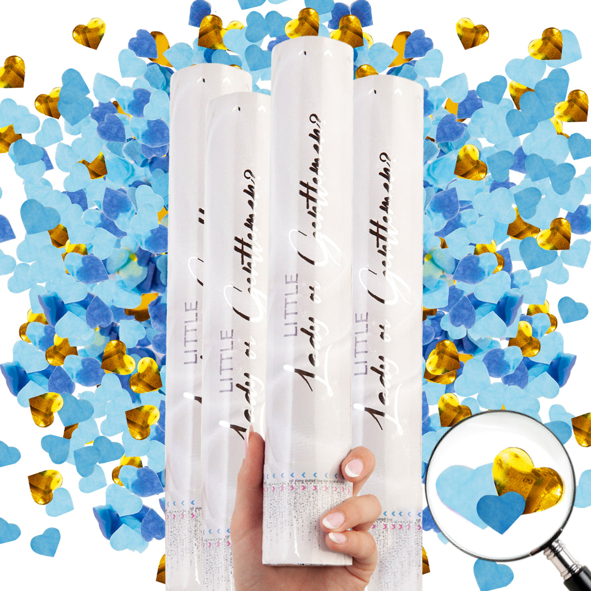 GENDER REVEAL HEARTS CONFETTI CANNON 4 Pack in Pink or Blue PRIMEPURE