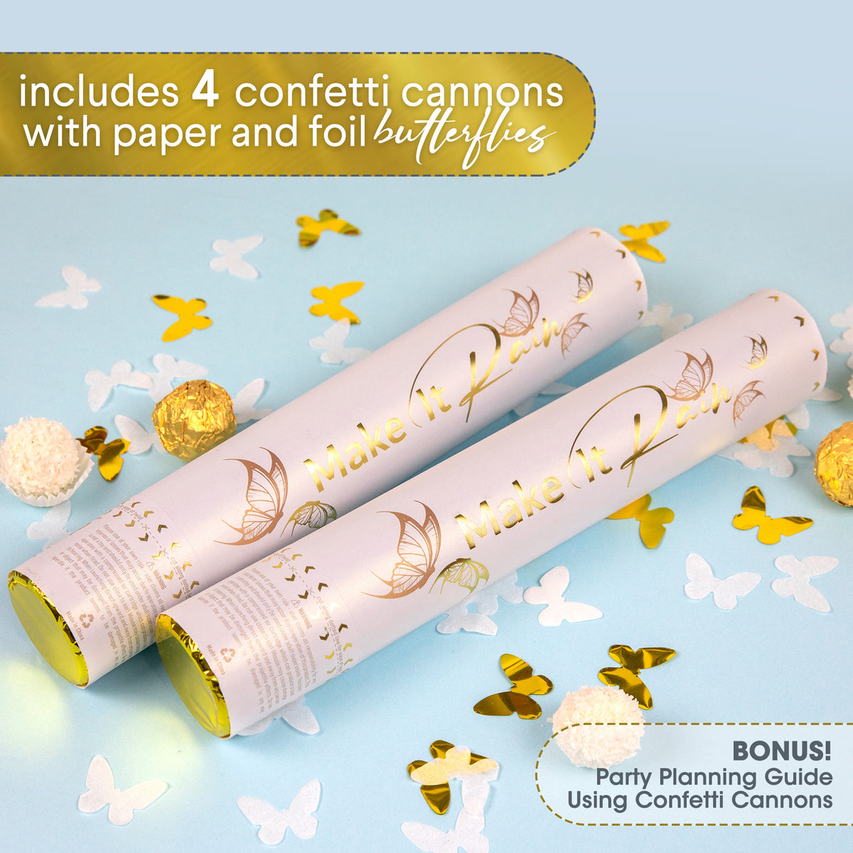 Party Butterflies Confetti Cannons White and Gold PRIMEPURE